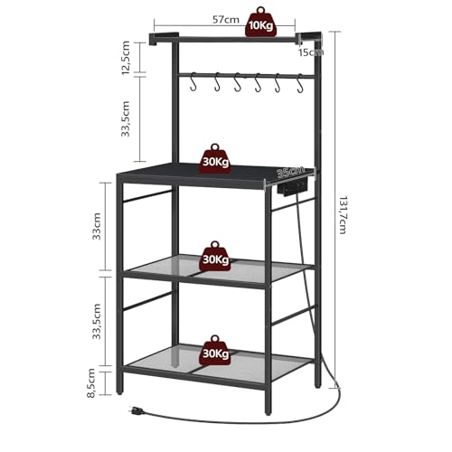 22.4 Inch Black Bakers Rack with Power Outlet, Kitchen Storage Shelf with Hooks