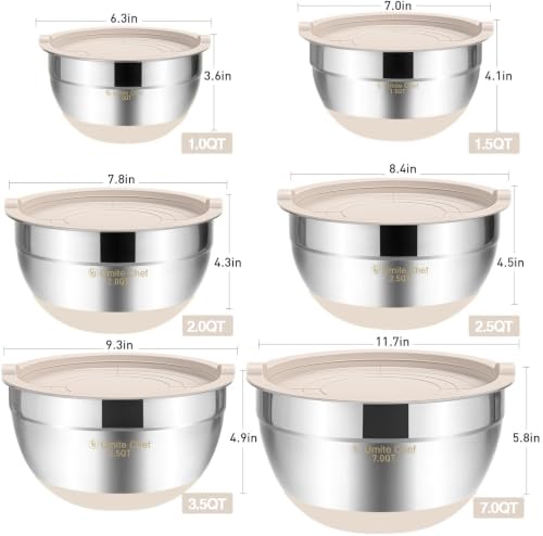 Umite Chef 6-Piece Stainless Steel Mixing Bowls with Airtight Lids, Khaki, 1.5-7 Qt