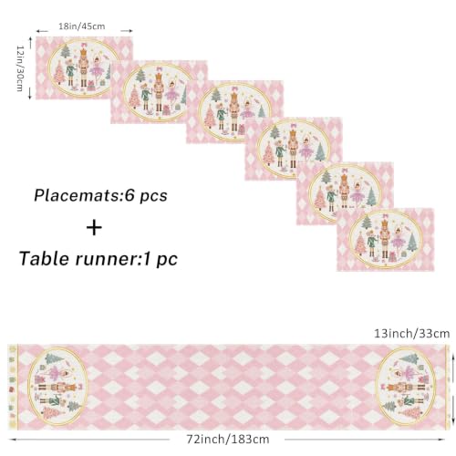 Emvency Christmas Pink Nutcracker Table Runner & Placemats Set of 6