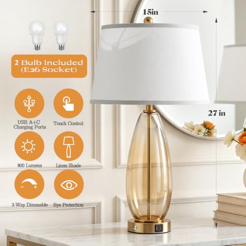 WIHTU 27-Inch Amber Glass Table Lamps Set of 2 with Touch Dimming & USB Ports