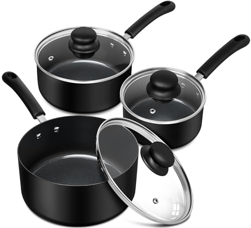 Nonstick Saucepan Set with Lids - 1QT, 2QT, 3QT Ceramic Coating - Black