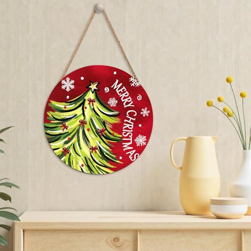 Merry Christmas Door Sign,Christmas Tree Decorations Wooden Holiday Hanging Sign for Front Door,Winter Red Christma Decorations for Home Garden Christm New Year 12"x12"