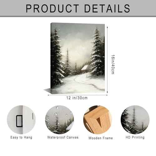 MIMAJIE Christmas Canvas Wall Art - Winter Snowscape Forest Landscape Print, Rustic Xmas Decor for Bedroom, Living Room, Holiday Home Decoration 12x16 Inches