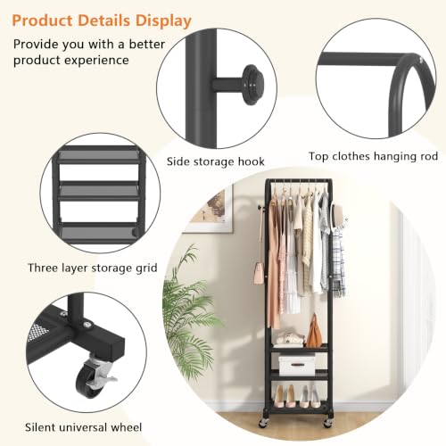 Kaitiemoo Clothing Rack, Mobile Garment Rack with Wheels & 3 Shelves,