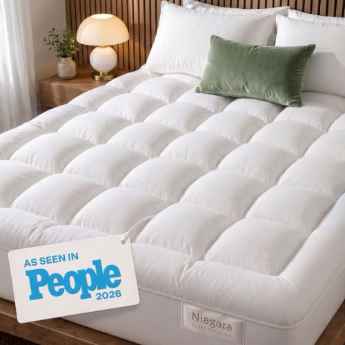 White Queen Mattress Pad with Pillow Top - 100% Cotton, Deep Pocket, Ultra-Soft Sleep Enhancer