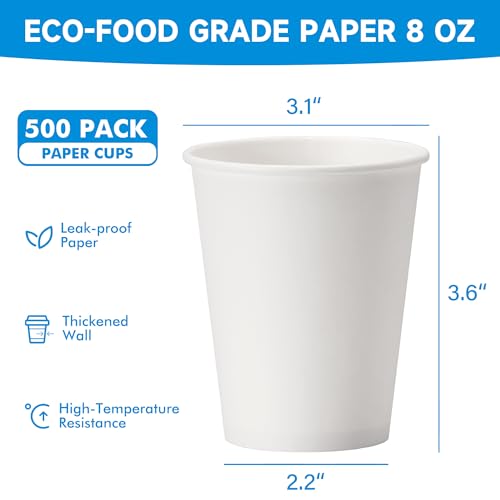 Disposable 8 oz Coffee Cups - 500 Pack, Leak-Proof Food Safe Paper Cups
