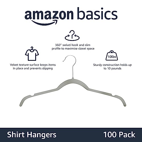 Slim Velvet Clothes Hangers Pack of 100 - Non-Slip, Space Saving, Gray/Silver