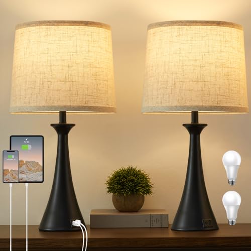 Black Touch Table Lamps Set of 2 - 21-inch Bedside Lamps with USB-C & A