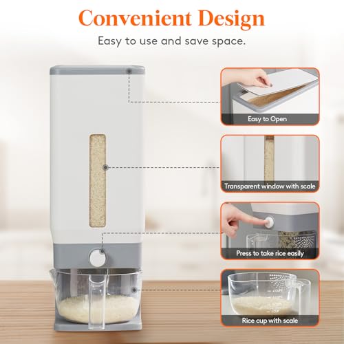 Light Grey 25 Lb Rice Container with One-Press Dispenser & Measuring Cup