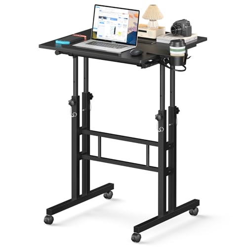 Enayplon Small Standing Desk on Wheels - Portable Adjustable Height Mobile Workstation, Black