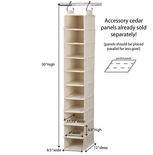 Off-White Hanging Shoe Organizer - 10 Wide Cubby Closet Storage with Cedarline Pockets