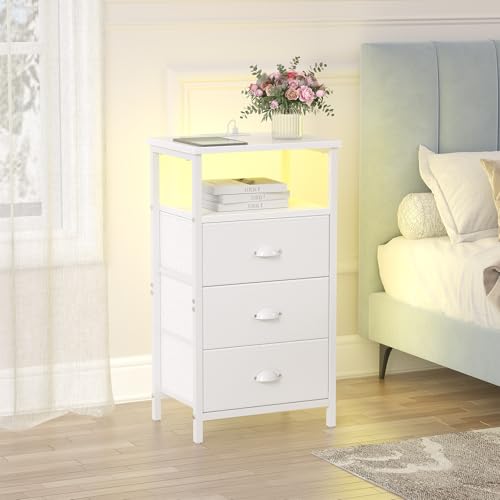 Sthmec White Nightstand with Charging Station, 3 Drawers & LED RGB Light