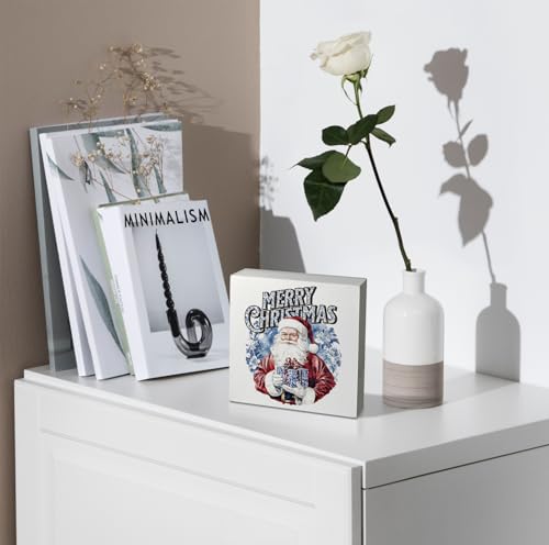 Kunlisa Blue and White Chinoiserie Christmas Santa Wooden Sign - Holiday Decor, 5x5 Inch