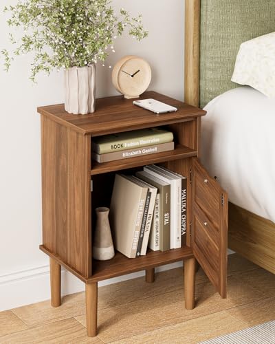 Walnut Nightstand with Drawer & Open Shelf - Modern Boho Bedside Table
