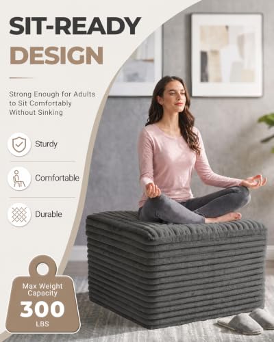 Dark Gray 23.6in Corduroy Pouf Ottoman Floor Seat & Footrest — Plush Support