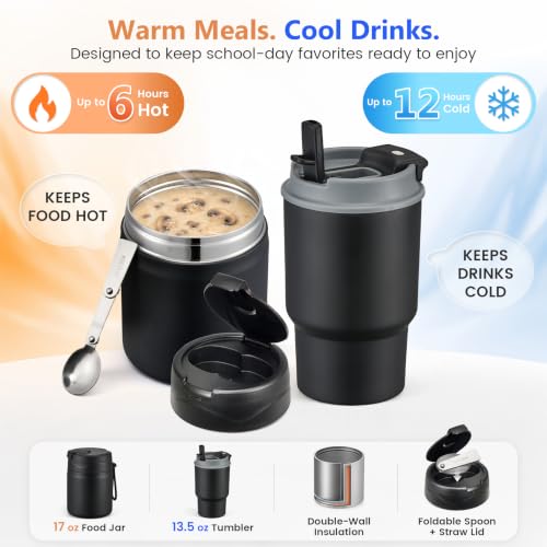 Kids Lunch Box Set with Stainless Steel Food Jar & Water Bottle - Black