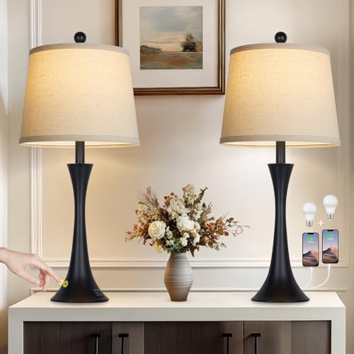 Black 27.5" Modern Touch Table Lamps Set of 2 with USB-C+A Ports, Dimmable Nightstand Lamps, Bulbs Included