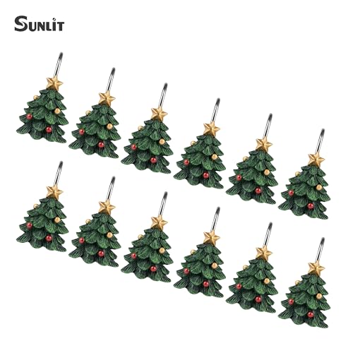 Christmas Tree Shower Curtain Hooks Set of 12 with Star - Holiday Bathroom Decor