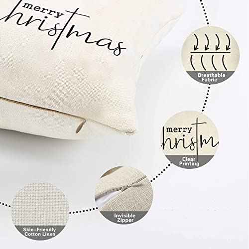 Merry Christmas Throw Pillow Cover, 18" x 18" Inch Decorative Xmas Sign Rustic Cushion Case, Farmhouse Home Winter Decoration Holiday Square Pillowcase Decor for Sofa Couch Cotton Linen