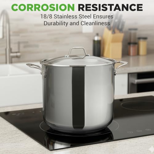 NutriChef 15-Quart Stainless Steel Stock Pot with Glass Lid, Induction Compatible