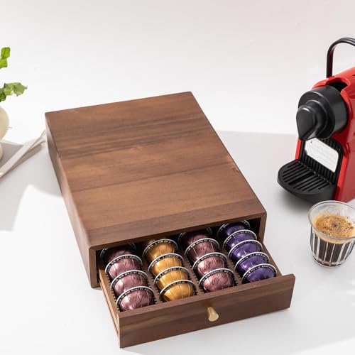 Acacia Wood Coffee Pod Drawer Organizer for Nespresso Vertuo - Holds 40 Large or 60 Small Pods