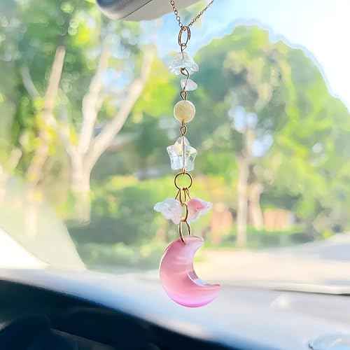 Moon Star Rearview Mirror Accessories Cute Pink Crystal Moon Star Lilly of The Valley Flower Sun Catcher Car Hanging Ornament Charm for Women Car Decor