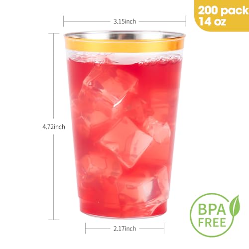 Goodluck 200 Pack 14oz Gold Plastic Cups for Party Disposable Gold Rim Cups