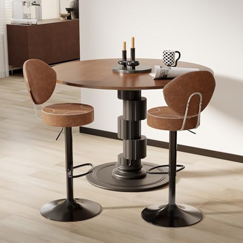 Ermnois Set of 2 Adjustable Brown Suede-Like Leather Swivel Bar Stools