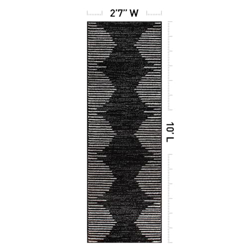 Bohemian Stripe Runner Rug 2'7 x 10' - Stain Resistant, Black, Durable