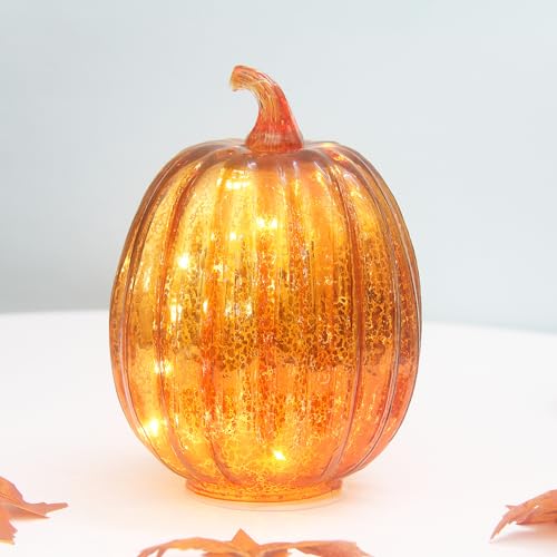HVTDECOR 8-inch Gold Mercury Glass Pumpkin Lights with Timer - Battery Operated Halloween & Fall Decor