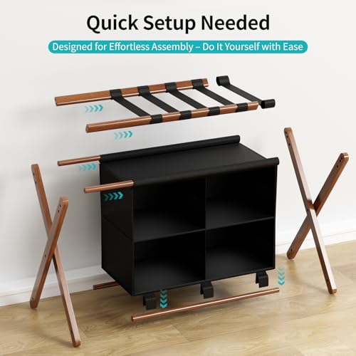 MHACVVO Walnut Bamboo Luggage Rack with 4 Storage Compartments, Foldable Suitcase Stand