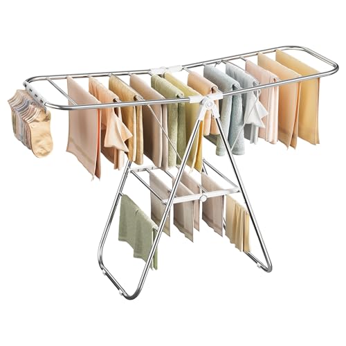 SONGMICS Foldable Metal Clothes Drying Rack White 51.2" W x 39" H, Adjustable Wings, Heavy Duty, Space-Saving Laundry Organizer