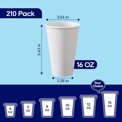 LITOPAK 210 Pack 16 oz Paper Cups, White Disposable Coffee Cups