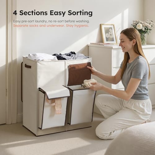 SOLEDI Beige 180L Double Laundry Hamper with Lid & 2 Side Pockets - Large Capacity