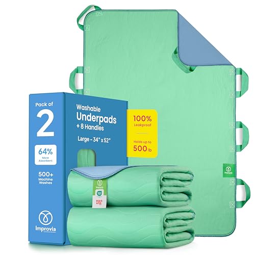Improvia Bed Positioning Pad with Handles - 34x52 Inch Reusable Waterproof Bed Pad, Green, Pack of 2