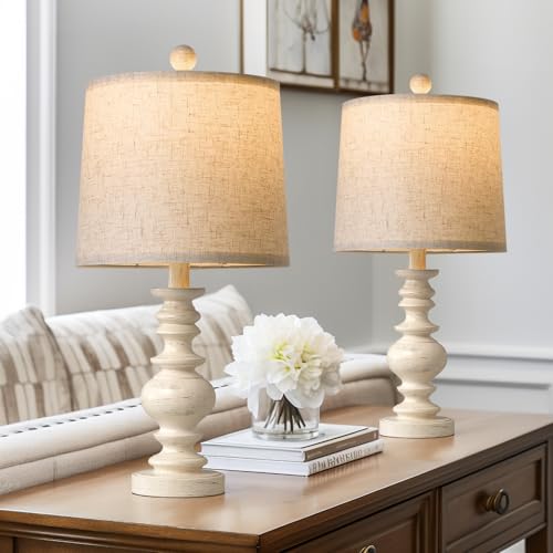 BOBOMOMO Antique White Rustic 20.5-Inch Table Lamp Set of 2 – Small Size, Farmhouse Bedroom Decor