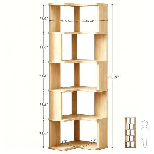 Brown 6-Tier L-Shaped Corner Bookshelf with Bookends - Modern Storage