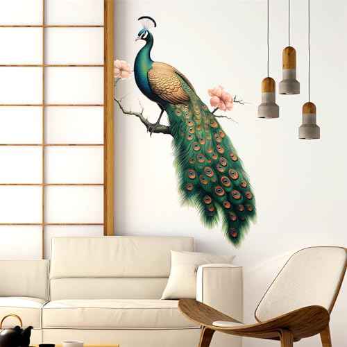Green Peacock Peach Blossom Painted Wall Stickers, sacinora Beautiful Art Wall Decals Removable Vinyl Peel and Stick for Living Room Bedroom Door Backgrounds Home Decorations