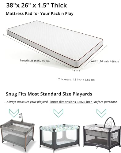 White Pack and Play Mattress Pad 38x26 Inch, 1.5 Inch Thick Baby Playpen Mattress