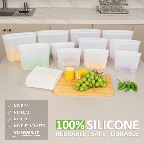 Reusable Silicone Food Storage Bags Set - Translucent 12 Pack (M+S+XS)