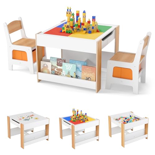 Kids Table and Chair Set with Building Block Tabletop - Natural
