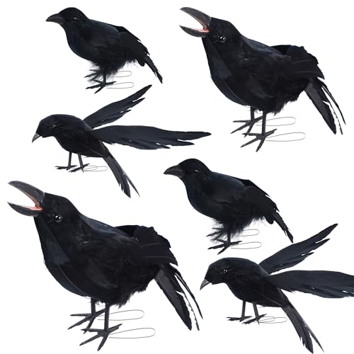 YOFIT 6 Pack Halloween Fake Crow Decorations - Realistic Black Crow Props, Style 2