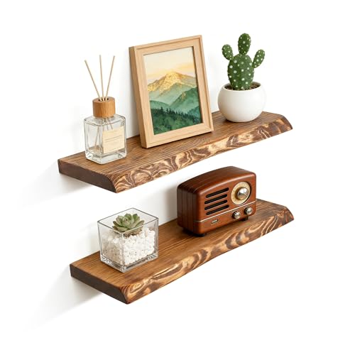 24 Inch Live Edge Floating Shelves Set of 2 - Rustic Finnish Spruce Wall Storage - Brown, Thick Edges, Easy Installation