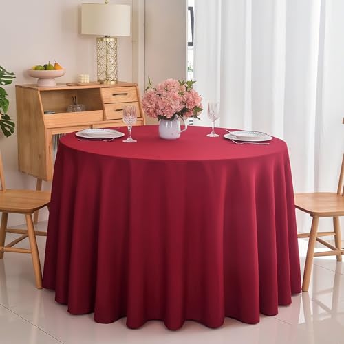 ZarzaaSik 10-Pack Round 108-inch Burgundy Table Cloths, Solid Stain and Wrinkle Resistant Circular Tablecloth, Premium Plain Weave Polyester Fabric Table Linen Covers for Hotel, Banquet