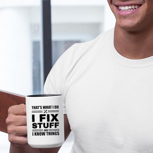 Veracco Black 15oz Funny Mechanic Mug for Dad - I Fix Stuff & Know Things