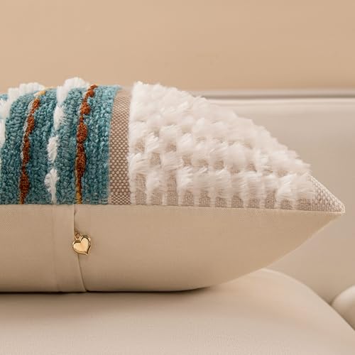 KOOLIFE Teal Boho Chenille Tufted 18x18 Inch Couch Throw Pillow Covers Set of 2