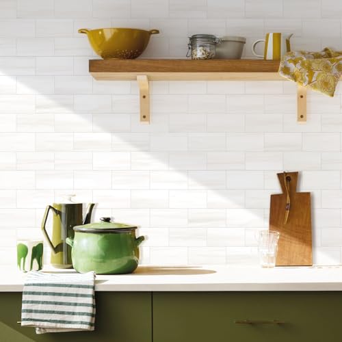 Vamos Tile 100-Piece Glossy Dolomite White Peel and Stick Subway Backsplash Tiles - 3x6 Inches, Easy DIY Kitchen & Bathroom Renovation Variation of 100 / Dolomite White