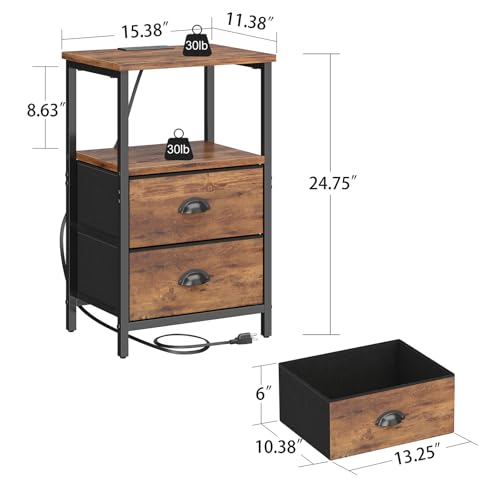 Rustic Brown Nightstand Set of 2 with LED Light & Charging Station - Industrial Bedside Tables with Fabric Drawers, 3-Tier Storage