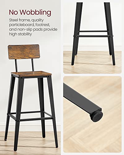 VASAGLE Set of 2 Industrial Rustic Brown and Ink Black Bar Stools 29.7 Inches Tall with Back