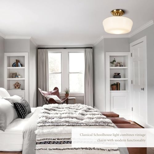 12-Inch Brass Schoolhouse Semi Flush Mount Ceiling Light with Opal Milk Glass Shade - Medium Variation